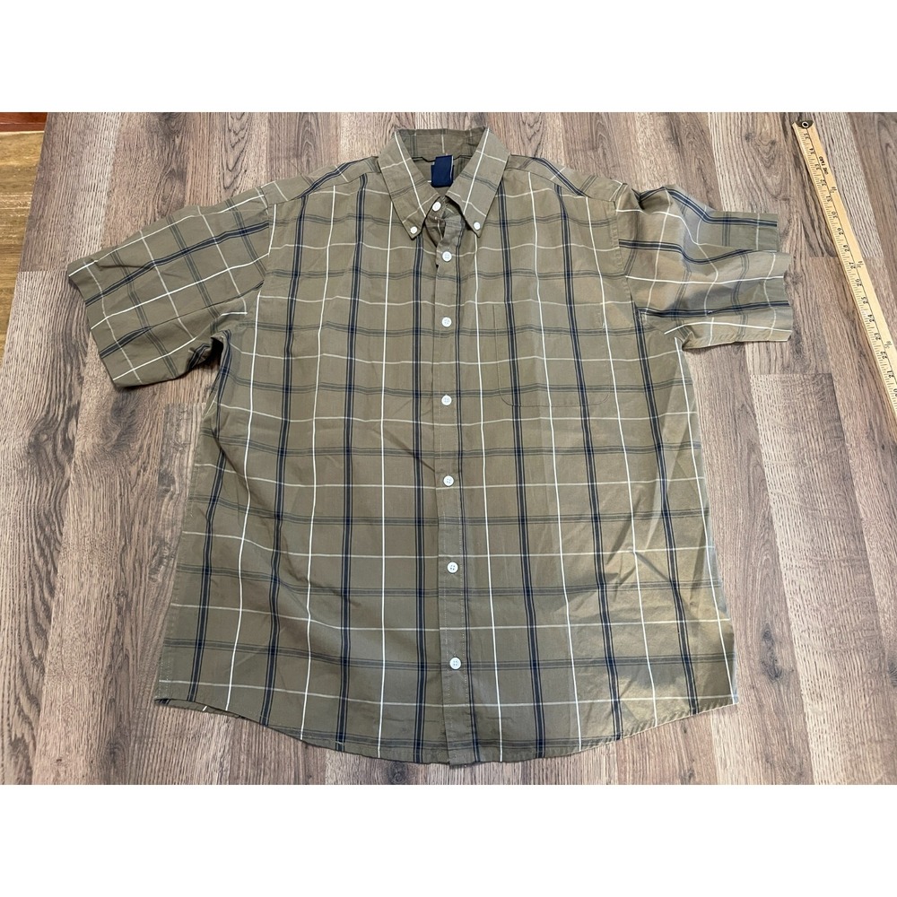 Basic Editions Shirt, Men's Large, Green Blue White, Button Up, Short Sleeve